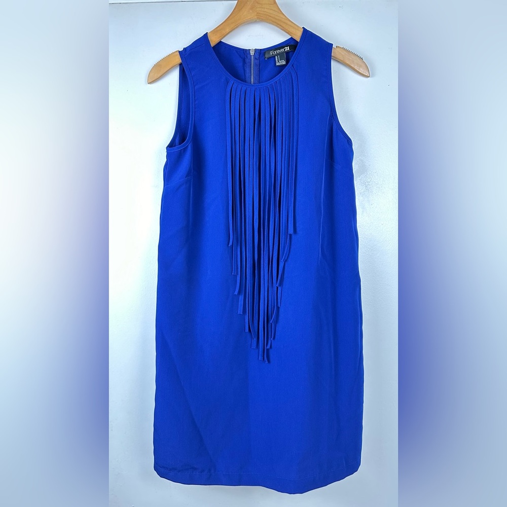 Forever 21 Sheath Midi Dress Fringe Neckline Royal Blue Size Small Sleeveless